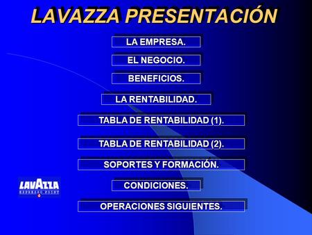 LAVAZZA PRESENTACIÓN LAVAZZA PRESENTACIÓN LA EMPRESA. LA EMPRESA. LA EMPRESA. LA EMPRESA. EL NEGOCIO. EL NEGOCIO. EL NEGOCIO. EL NEGOCIO. BENEFICIOS. LA.