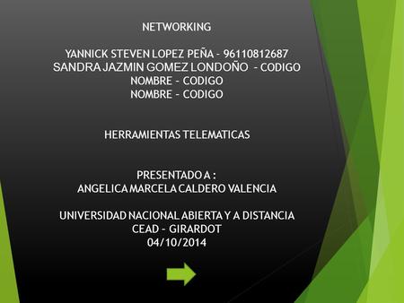 NETWORKING YANNICK STEVEN LOPEZ PEÑA - 96110812687 SANDRA JAZMIN GOMEZ LONDOÑO – CODIGO NOMBRE – CODIGO NOMBRE – CODIGO HERRAMIENTAS TELEMATICAS PRESENTADO.