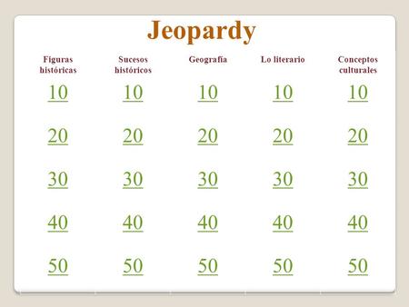 Jeopardy Figuras históricas Sucesos históricos GeografíaLo literarioConceptos culturales 10 20 30 40 50.