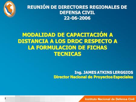 Instituto Nacional de Defensa Civil PROGRAMA DE REHABILITACIÓN 2005 Ing. JAMES ATKINS LERGGIOS Director Nacional de Proyectos Especiales REUNIÓN DE DIRECTORES.