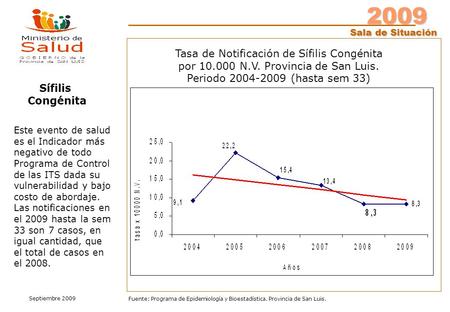 2009 Sala de Situación Septiembre 2009 Fuente: Programa de Epidemiología y Bioestadística. Provincia de San Luis. Tasa de Notificación de Sífilis Congénita.