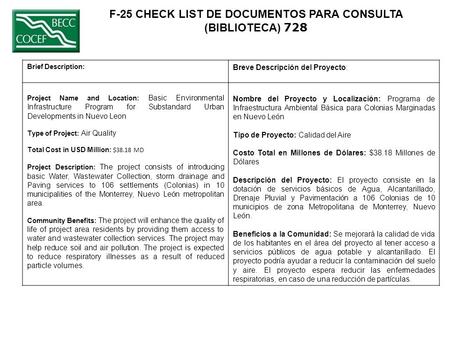 F-25 CHECK LIST DE DOCUMENTOS PARA CONSULTA (BIBLIOTECA) 728 Brief Description: Breve Descripción del Proyecto: Project Name and Location: Basic Environmental.