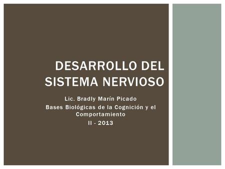 DESARROLLO DEL SISTEMA NERVIOSO Lic. Bradly Marín Picado Bases Biológicas de la Cognición y el Comportamiento II - 2013.