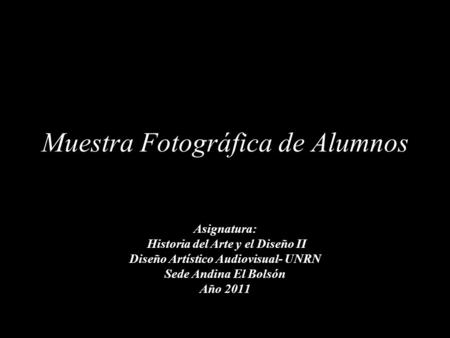 Muestra Fotográfica de Alumnos Asignatura: Historia del Arte y el Diseño II Diseño Artístico Audiovisual- UNRN Sede Andina El Bolsón Año 2011.