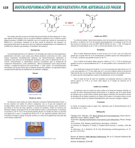 Este trabajo describe un proceso de hidroxilación microbiana de Mevastatina por A. niger para obtener la Pravastatina. Esta es un agente inhibidor competitivo.