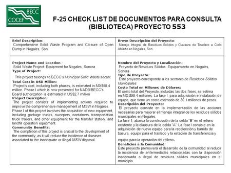 F-25 CHECK LIST DE DOCUMENTOS PARA CONSULTA (BIBLIOTECA) PROYECTO 553 Brief Description: Comprehensive Solid Waste Program and Closure of Open Dump in.