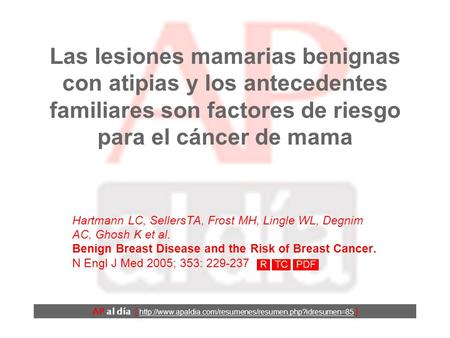 Las lesiones mamarias benignas con atipias y los antecedentes familiares son factores de riesgo para el cáncer de mama Hartmann LC, SellersTA, Frost MH,