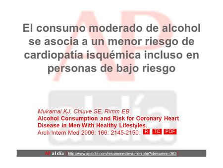 El consumo moderado de alcohol se asocia a un menor riesgo de cardiopatía isquémica incluso en personas de bajo riesgo AP al día [