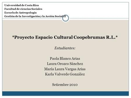 Universidad de Costa Rica Facultad de ciencias Sociales Escuela de Antropología Gestión de la Investigación y la Acción Social II *Proyecto Espacio Cultural.