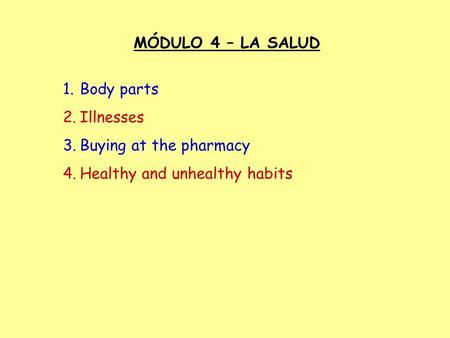MÓDULO 4 – LA SALUD Body parts Illnesses Buying at the pharmacy