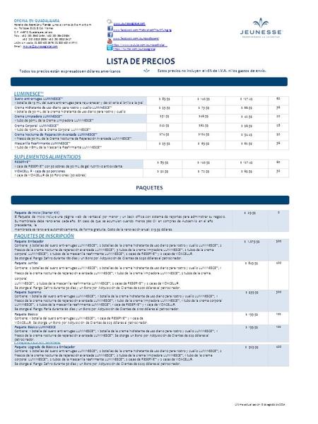 LISTA DE PRECIOS PAQUETES LUMINESCE™ SUPLEMENTOS ALIMENTICIOS