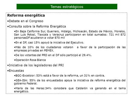 Temas estratégicos Reforma energética Debate en el Congreso Consulta sobre la Reforma Energética En Baja California Sur, Guerrero, Hidalgo, Michoacán,