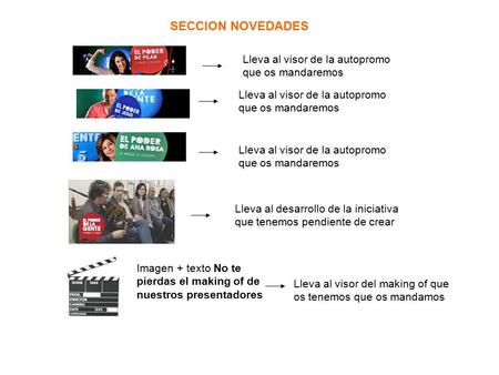 Lleva al visor de la autopromo que os mandaremos SECCION NOVEDADES Imagen + texto No te pierdas el making of de nuestros presentadores Lleva al visor del.