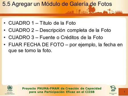 1 Proyecto PNUMA-FMAM de Creación de Capacidad para una Participación Eficaz en el CIISB 5.5 Agregar un Módulo de Galería de Fotos CUADRO 1 – Título de.