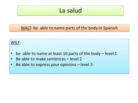 La salud WALT: be able to name parts of the body in Spanish WILF: be able to name at least 10 parts of the body – level 1 Be able to make sentences – level.
