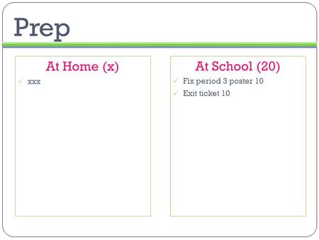 Prep At School (20)  Fix period 3 poster 10  Exit ticket 10 At Home (x)  xxx.