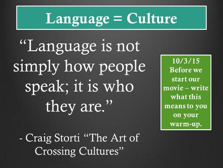 Language = Culture “Language is not simply how people speak; it is who they are.” - Craig Storti “The Art of Crossing Cultures” 10/3/15 Before we start.