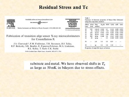 Residual Stress and Tc. Stress and Tc  Optimal deposition condition Mo/Au by e-beam  Stress and Tc independent of deposition rate 0.1-0.5 nm/s  Stress.