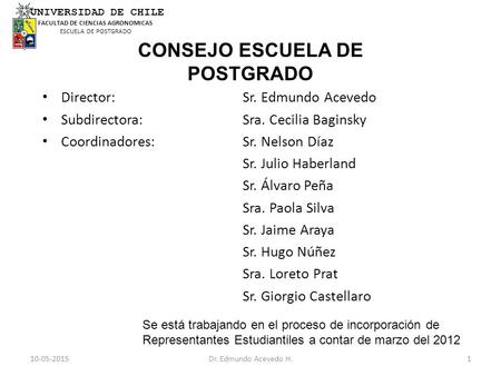 10-05-2015Dr. Edmundo Acevedo H.1 CONSEJO ESCUELA DE POSTGRADO Director:Sr. Edmundo Acevedo Subdirectora:Sra. Cecilia Baginsky Coordinadores:Sr. Nelson.