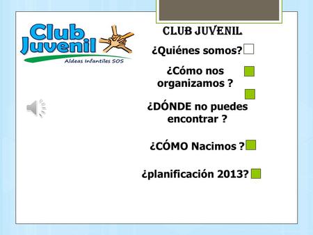 CLUB JUVENIL ¿DÓNDE no puedes encontrar ? ¿CÓMO Nacimos ? ¿planificación 2013? ¿Cómo nos organizamos ? ¿Quiénes somos?