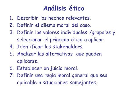Análisis ético Describir los hechos relevantes.