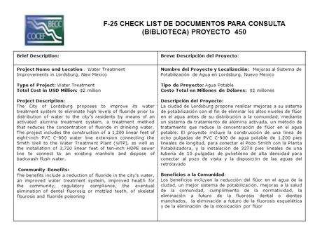F-25 CHECK LIST DE DOCUMENTOS PARA CONSULTA (BIBLIOTECA) PROYECTO 450 Brief Description:Breve Descripción del Proyecto: Project Name and Location : Water.