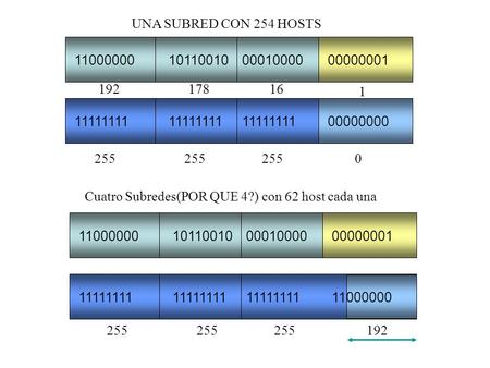 11000000101100100001000000000001 11111111 00000000 255 0 UNA SUBRED CON 254 HOSTS 17816192 1 11000000101100100001000000000001 11111111 11000000 255 192.