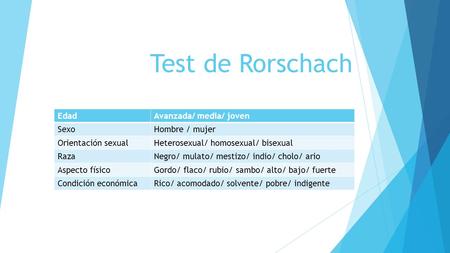 Test de Rorschach Edad Avanzada/ media/ joven Sexo Hombre / mujer