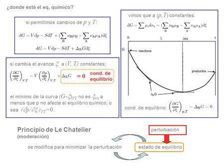 Vimos que a ( p,T ) constantes: si permitimos cambios de p y T: cond. de equilibrio: si cambia el avance  a ( V, T) constantes: cond. de equilibrio el.