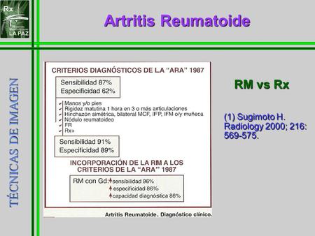 Artritis Reumatoide RM vs Rx TÉCNICAS DE IMAGEN (1) Sugimoto H. Radiology 2000; 216: 569-575.
