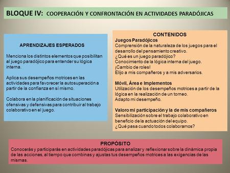 BLOQUE IV: COOPERACIÓN Y CONFRONTACIÓN EN ACTIVIDADES PARADÓJICAS
