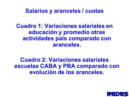 Salarios y aranceles / cuotas Cuadro 1: Variaciones salariales en educación y promedio otras actividades país comparado con aranceles. Cuadro 2: Variaciones.