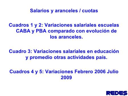 Salarios y aranceles / cuotas Cuadros 1 y 2: Variaciones salariales escuelas CABA y PBA comparado con evolución de los aranceles. Cuadro 3: Variaciones.
