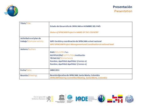 Título/Title: Estado del desarrollo de SPINCAM en NOMBRE DEL PAÍS Status of SPINCAM Project in NAME OF THE COUNTRY Actividad en el plan de trabajo/Work.