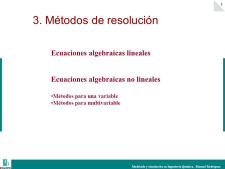 Modelado y simulación en Ingeniería Química. Manuel Rodríguez 1 Ecuaciones algebraicas lineales Ecuaciones algebraicas no lineales Métodos para una variable.
