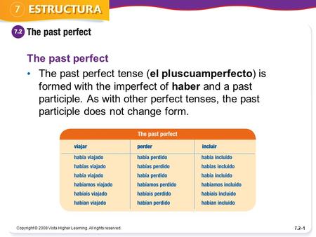 Copyright © 2008 Vista Higher Learning. All rights reserved. 7.2–1 The past perfect The past perfect tense (el pluscuamperfecto) is formed with the imperfect.