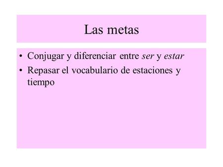 Las metas Conjugar y diferenciar entre ser y estar Repasar el vocabulario de estaciones y tiempo.