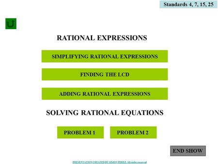 1 SOLVING RATIONAL EQUATIONS SIMPLIFYING RATIONAL EXPRESSIONS Standards 4, 7, 15, 25 ADDING RATIONAL EXPRESSIONS PROBLEM 1 RATIONAL EXPRESSIONS PROBLEM.
