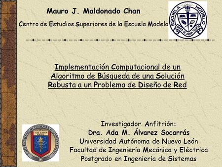 Implementación Computacional de un Algoritmo de Búsqueda de una Solución Robusta a un Problema de Diseño de Red Investigador Anfitrión: Dra. Ada M. Álvarez.