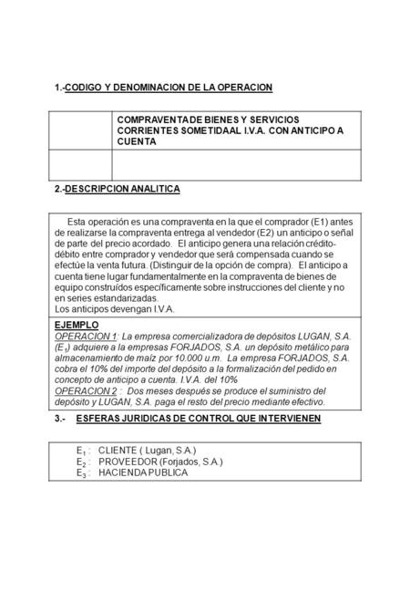 1.-CODIGO Y DENOMINACION DE LA OPERACION COMPRAVENTA DE BIENES Y SERVICIOS CORRIENTES SOMETIDA AL I.V.A. CON ANTICIPO A CUENTA 2.-DESCRIPCION ANALITICA.