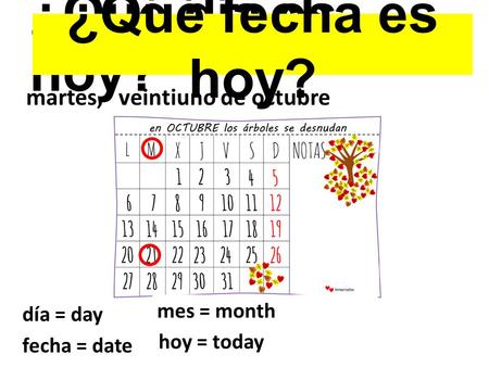 ¿Qué día es hoy? martes,veintiuno de octubre ¿Qué fecha es hoy? día = ?día = day fecha = ? fecha = date mes = ?mes = month hoy = ? hoy = today.