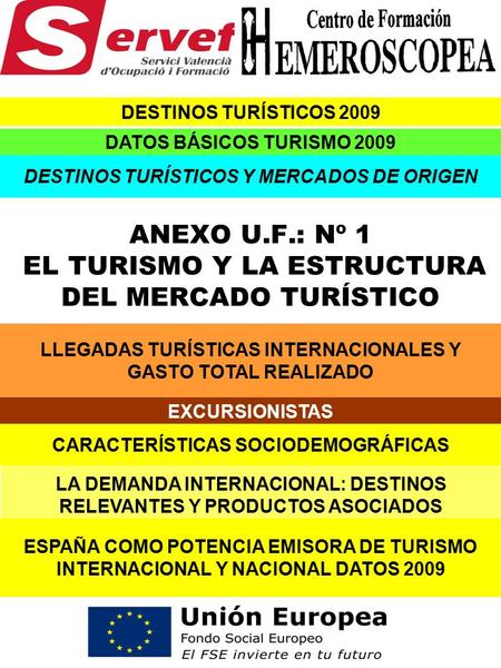 ANEXO U.F.: Nº 1 EL TURISMO Y LA ESTRUCTURA DEL MERCADO TURÍSTICO DESTINOS TURÍSTICOS 2009 DATOS BÁSICOS TURISMO 2009 DESTINOS TURÍSTICOS Y MERCADOS DE.