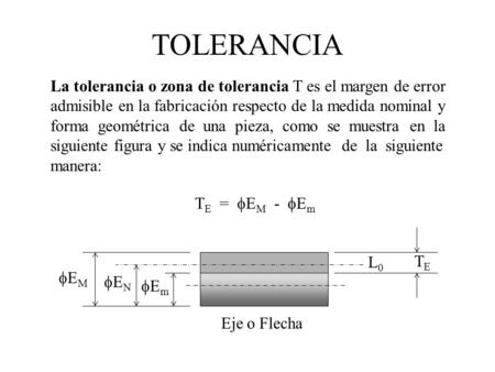 TOLERANCIA La tolerancia o zona de tolerancia T es el margen de error admisible en la fabricación respecto de la medida nominal y forma geométrica de.