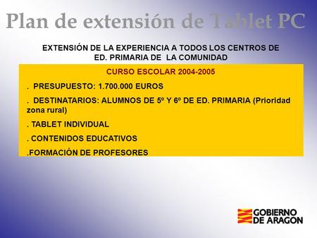 EXTENSIÓN DE LA EXPERIENCIA A TODOS LOS CENTROS DE ED. PRIMARIA DE LA COMUNIDAD CURSO ESCOLAR 2004-2005. PRESUPUESTO: 1.700.000 EUROS. DESTINATARIOS: ALUMNOS.