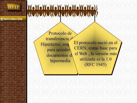       Protocolo de transferencia de Hipertexto, empleado para acceder a documentos de hipermedia  El protocolo nació en el CERN, como base.