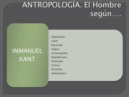 ANTROPOLOGÍA. El Hombre según…. Autónomo Libre Racional Digno Cosmopolita Republicano Ilustrado Crítico Pacifista Antinómico INMANUEL KANT.