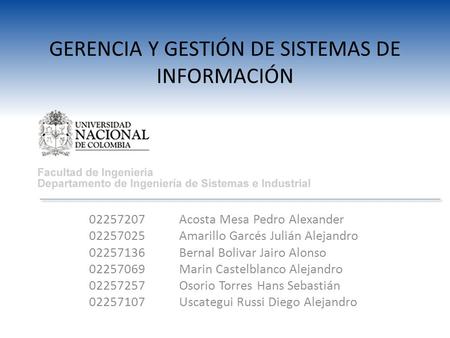 GERENCIA Y GESTIÓN DE SISTEMAS DE INFORMACIÓN 02257207 Acosta Mesa Pedro Alexander 02257025 Amarillo Garcés Julián Alejandro 02257136 Bernal Bolivar Jairo.