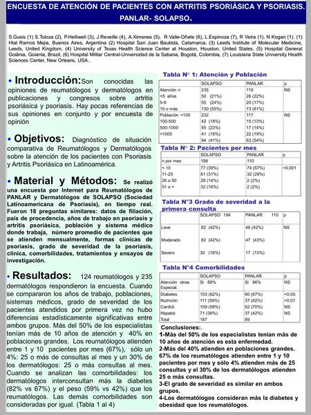 S.Gusis (1) S.Toloza (2), P.Helliwell (3), J.Reveille (4), A.Ximenes (5), R.Valle-Oñate (6), L.Espinoza (7), R Veira (1), N Kogan (1). (1) Htal Ramos Mejia,