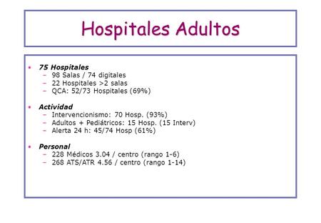Hospitales Adultos 75 Hospitales –98 Salas / 74 digitales –22 Hospitales >2 salas –QCA: 52/73 Hospitales (69%) Actividad –Intervencionismo: 70 Hosp. (93%)