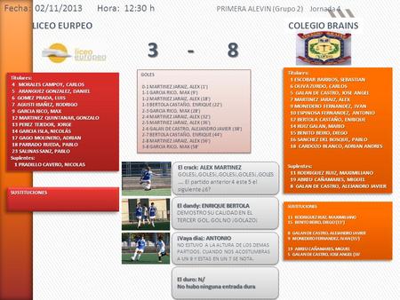 Fecha: 02/11/2013 Hora: 12:30 h PRIMERA ALEVIN (Grupo 2) Jornada 4 LICEO EURPEOCOLEGIO BRAINS 3-83-83-83-8 Titulares: 4 MORALES CAMPOY, CARLOS 4 MORALES.